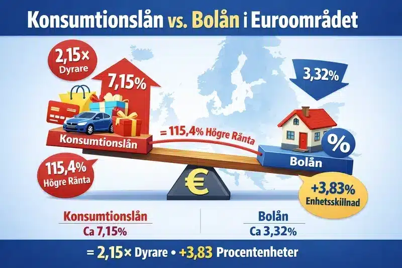 Skillnaden mellan konsumtionslån och bolån i Euroområdet.